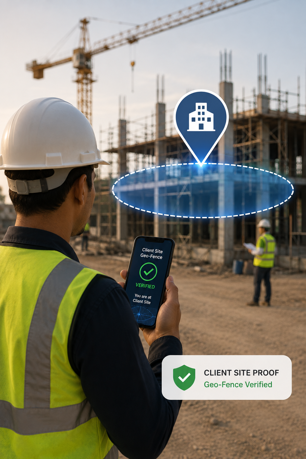 Construction worker verifying client site geo-fence proof on mobile