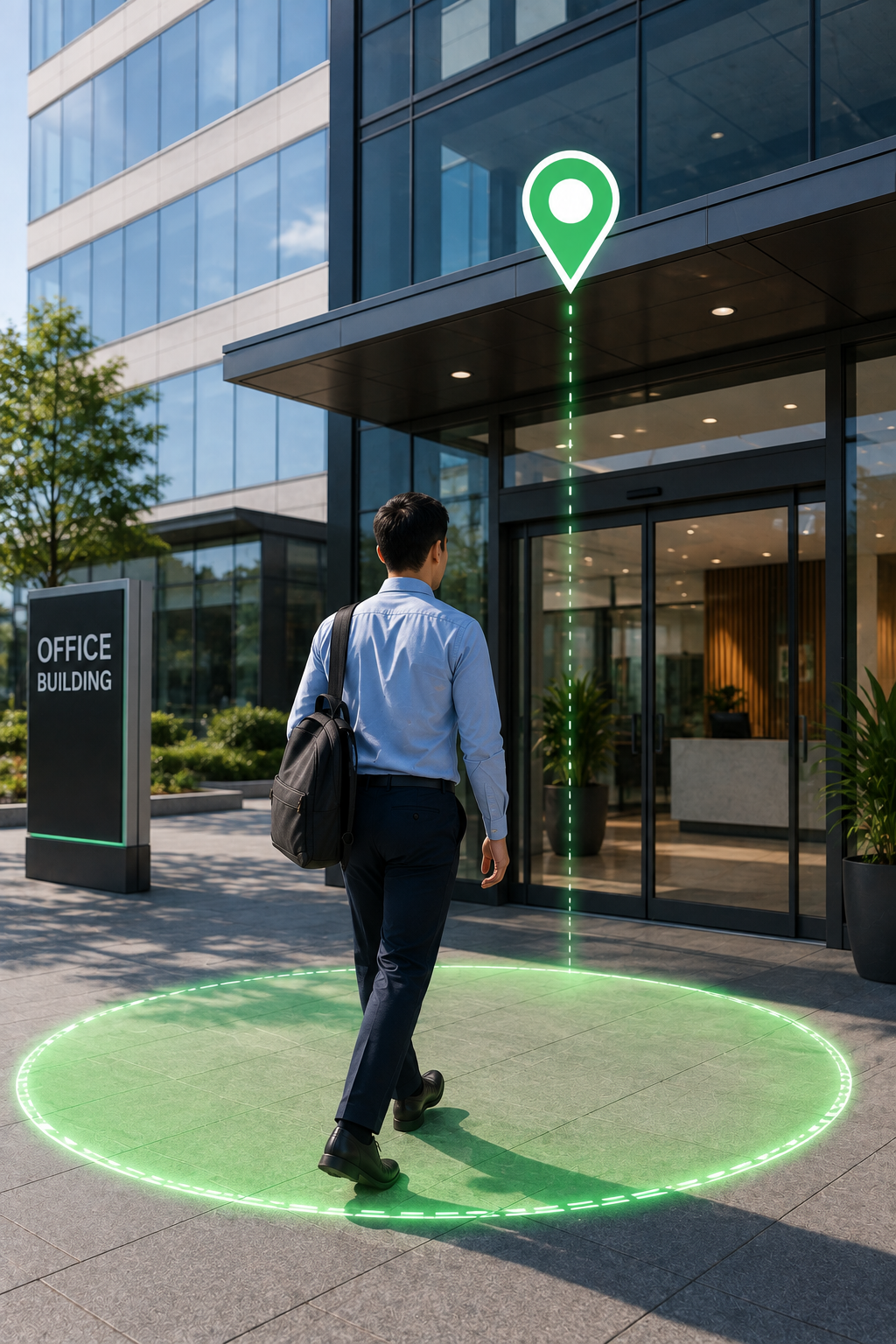 Employee entering office geo-fence with verified location marker