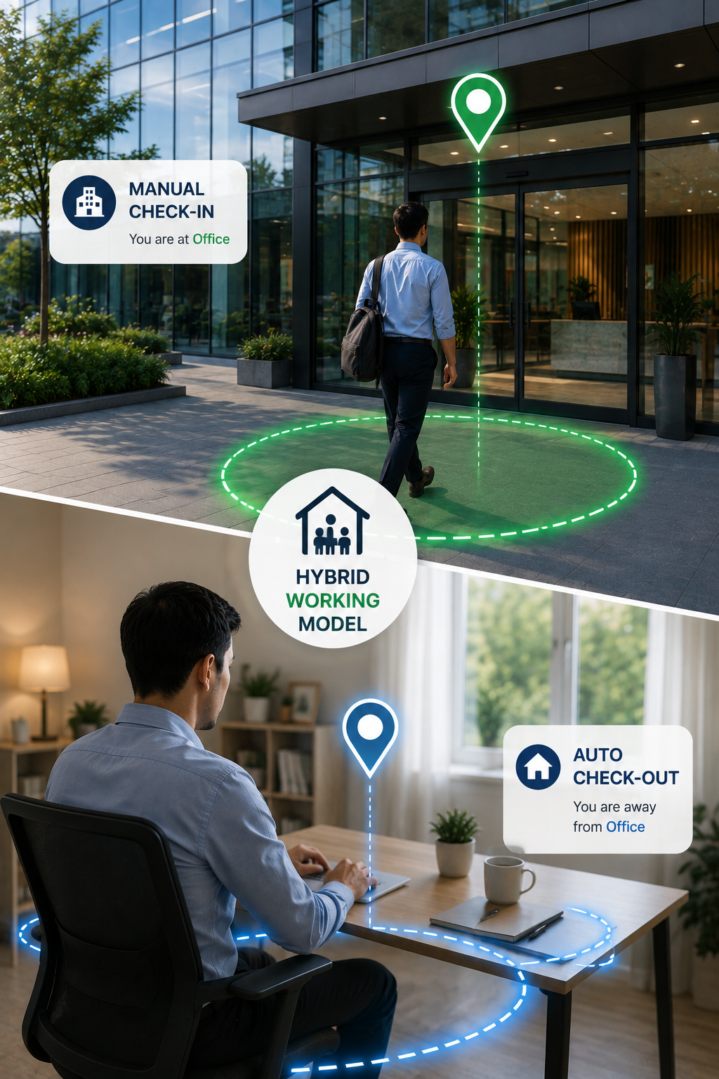 Hybrid working model with office manual check-in and remote auto check-out