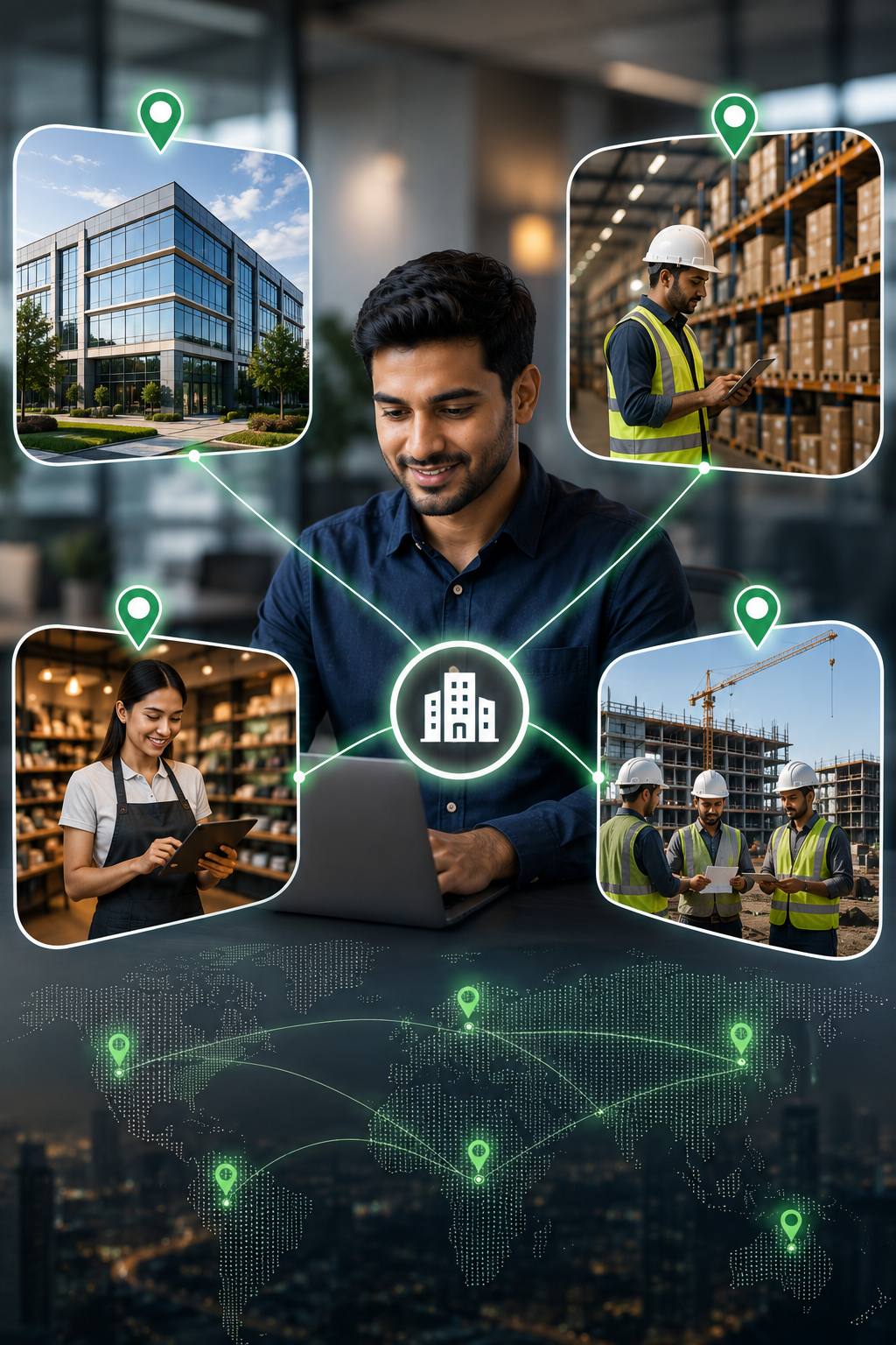 Manager viewing connected office, warehouse, retail and construction workforce locations