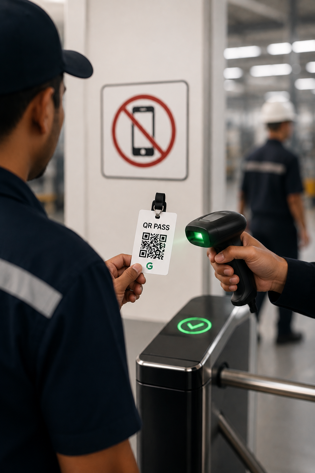 Security scanning a G-Smarto QR Pass at a restricted worksite entrance