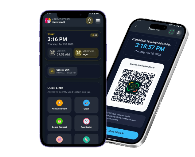 G-Smarto app home and QR attendance screens