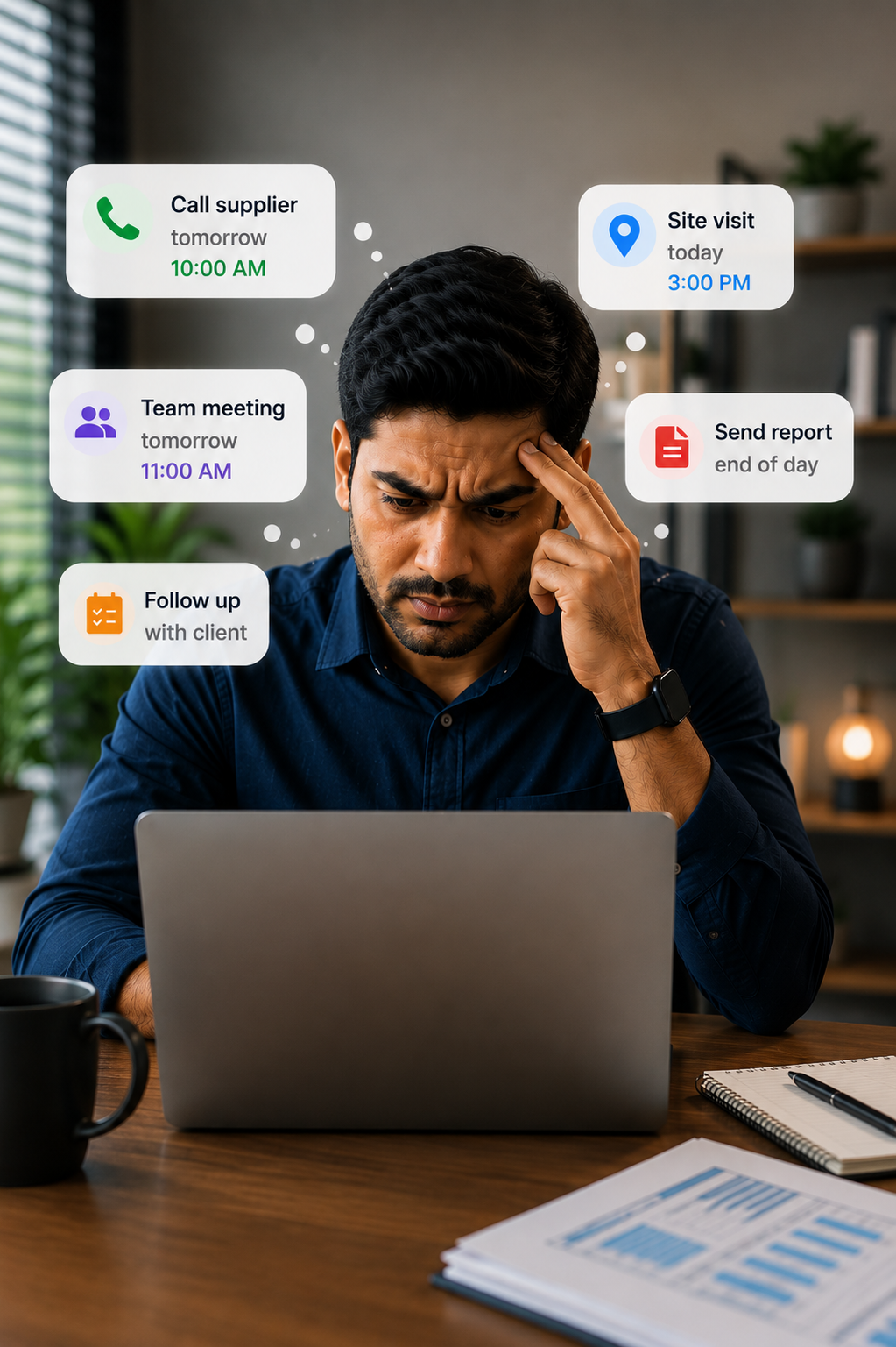 Busy manager with reminders for supplier call, site visit, team meeting, report and follow-up tasks